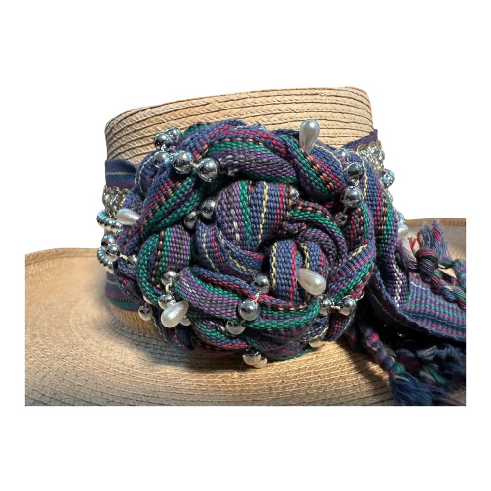 Vintage La Giralda Guatemalan Palm Leaf Hat Beaded Maya Folk Festival Boho Style - Picture 11 of 14